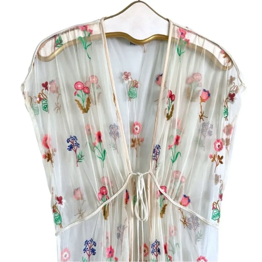 Anthropologie Bl-nk Sheer Floral Embroidered Overlay Duster Kimono - Picture 7 of 9